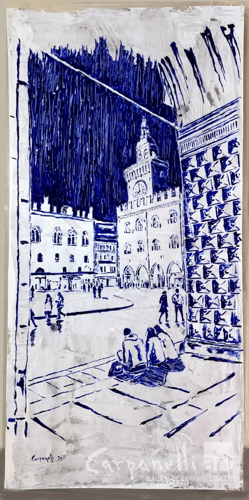 jpg P231-21Bologna: Palazzo del Comune di notte. Quadro figurativo ina crilico su plexiglas rappresentante Bologna